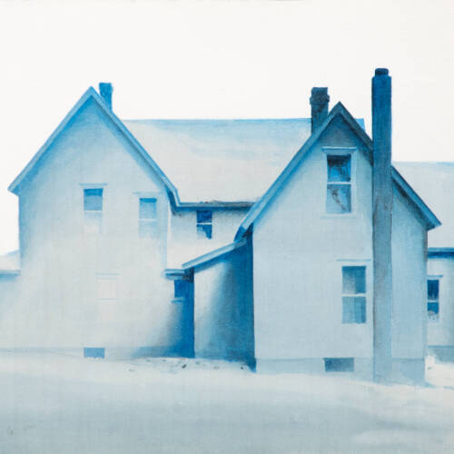A farm house is depicted in different shades of blue.
